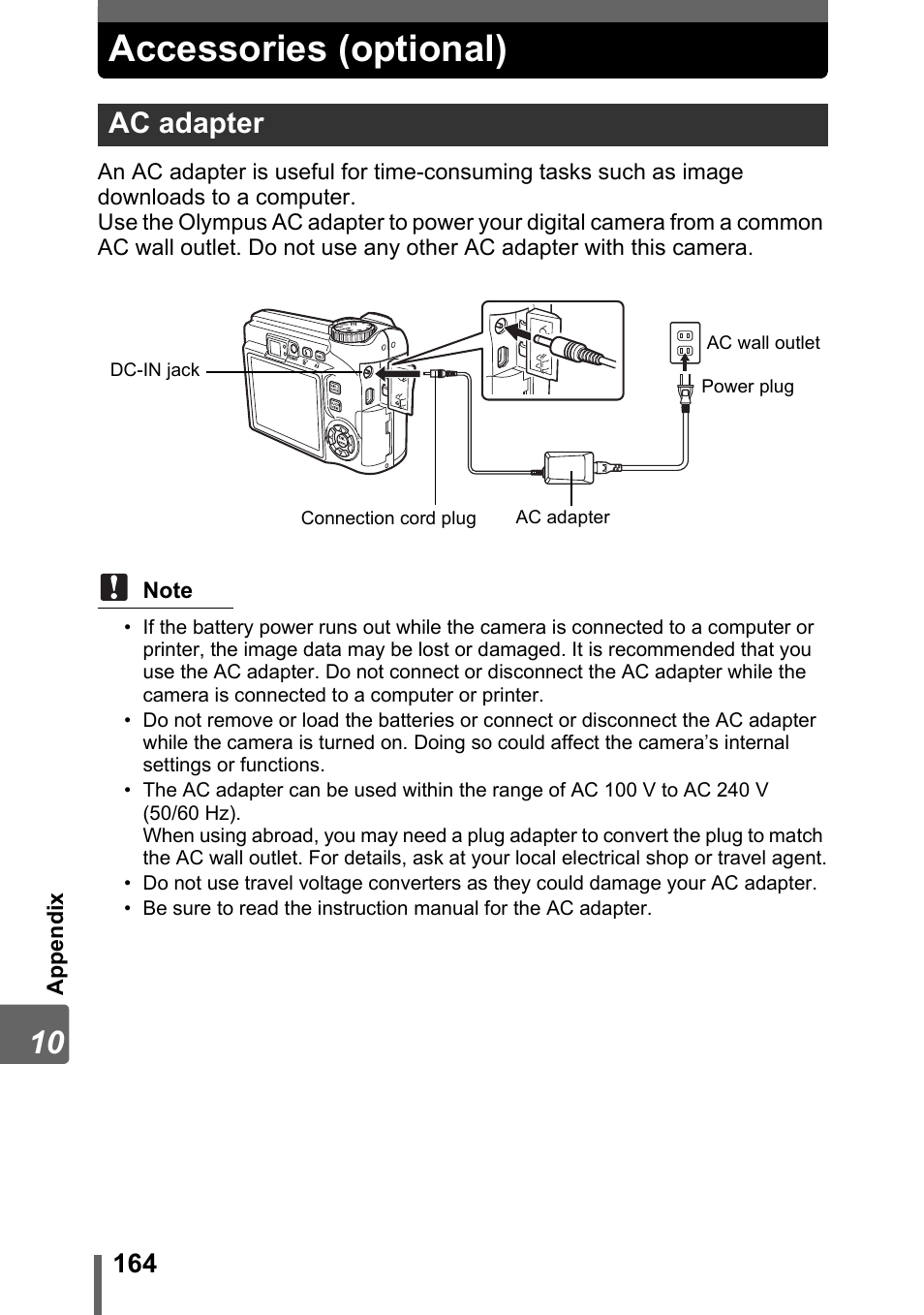 Accessories (optional), Ac adapter | Olympus SP-320 User Manual | Page 164 / 191