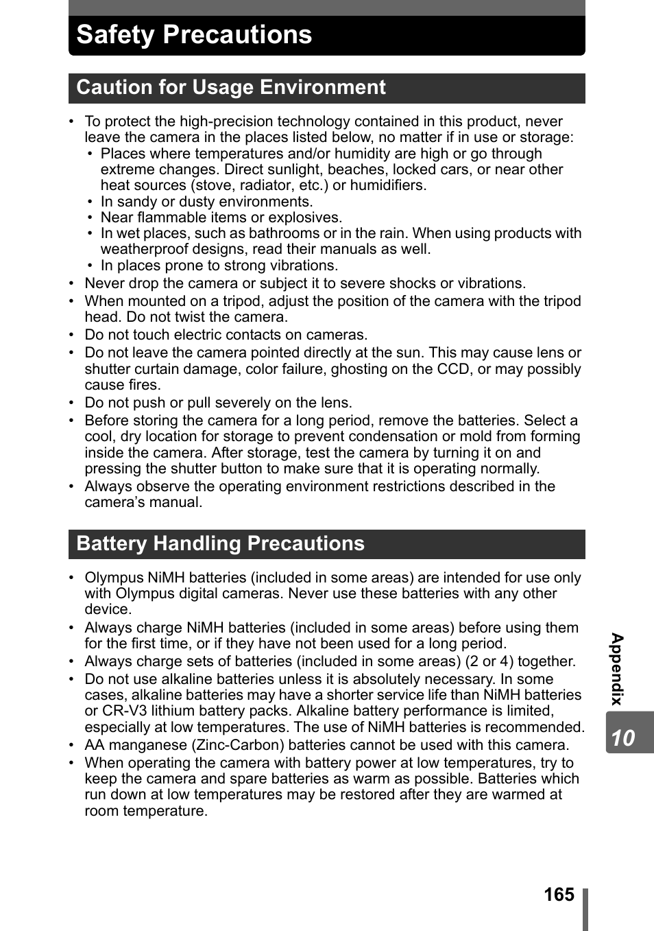 Safety precautions | Olympus SP-320 User Manual | Page 165 / 191
