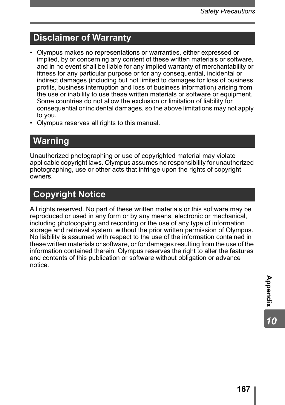 Disclaimer of warranty warning copyright notice | Olympus SP-320 User Manual | Page 167 / 191