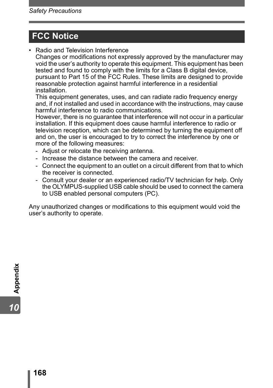Fcc notice | Olympus SP-320 User Manual | Page 168 / 191
