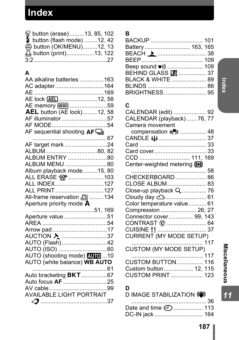 Index | Olympus SP-320 User Manual | Page 187 / 191