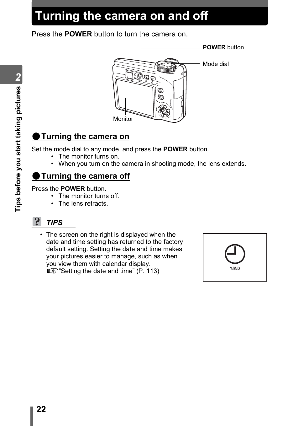 Turning the camera on and off | Olympus SP-320 User Manual | Page 22 / 191