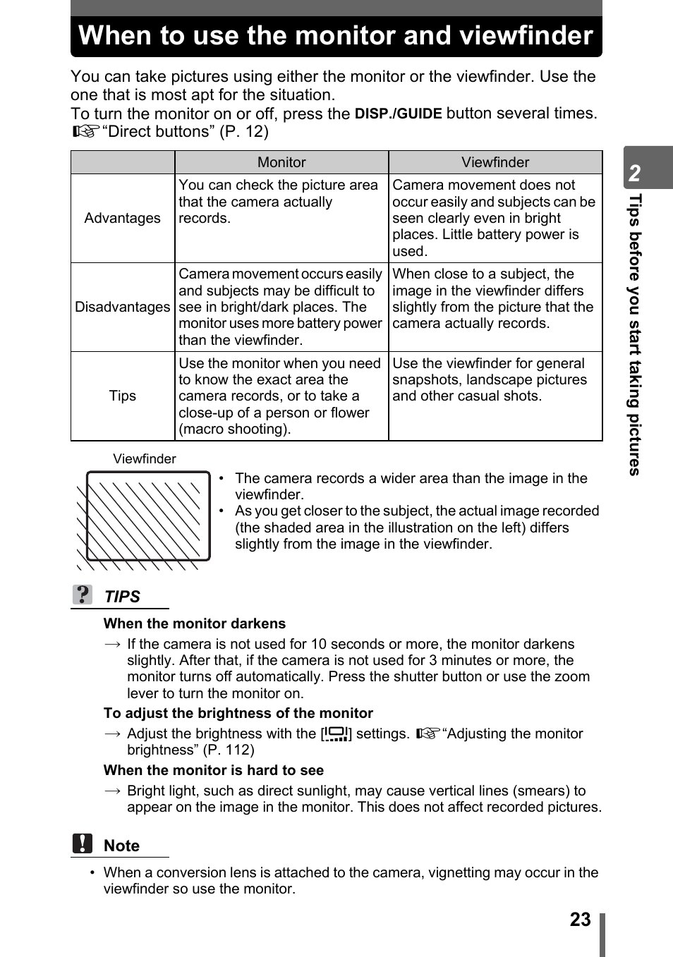 When to use the monitor and viewfinder | Olympus SP-320 User Manual | Page 23 / 191