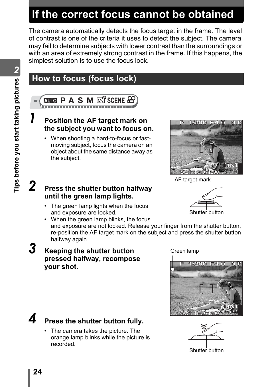 If the correct focus cannot be obtained, How to focus (focus lock) | Olympus SP-320 User Manual | Page 24 / 191
