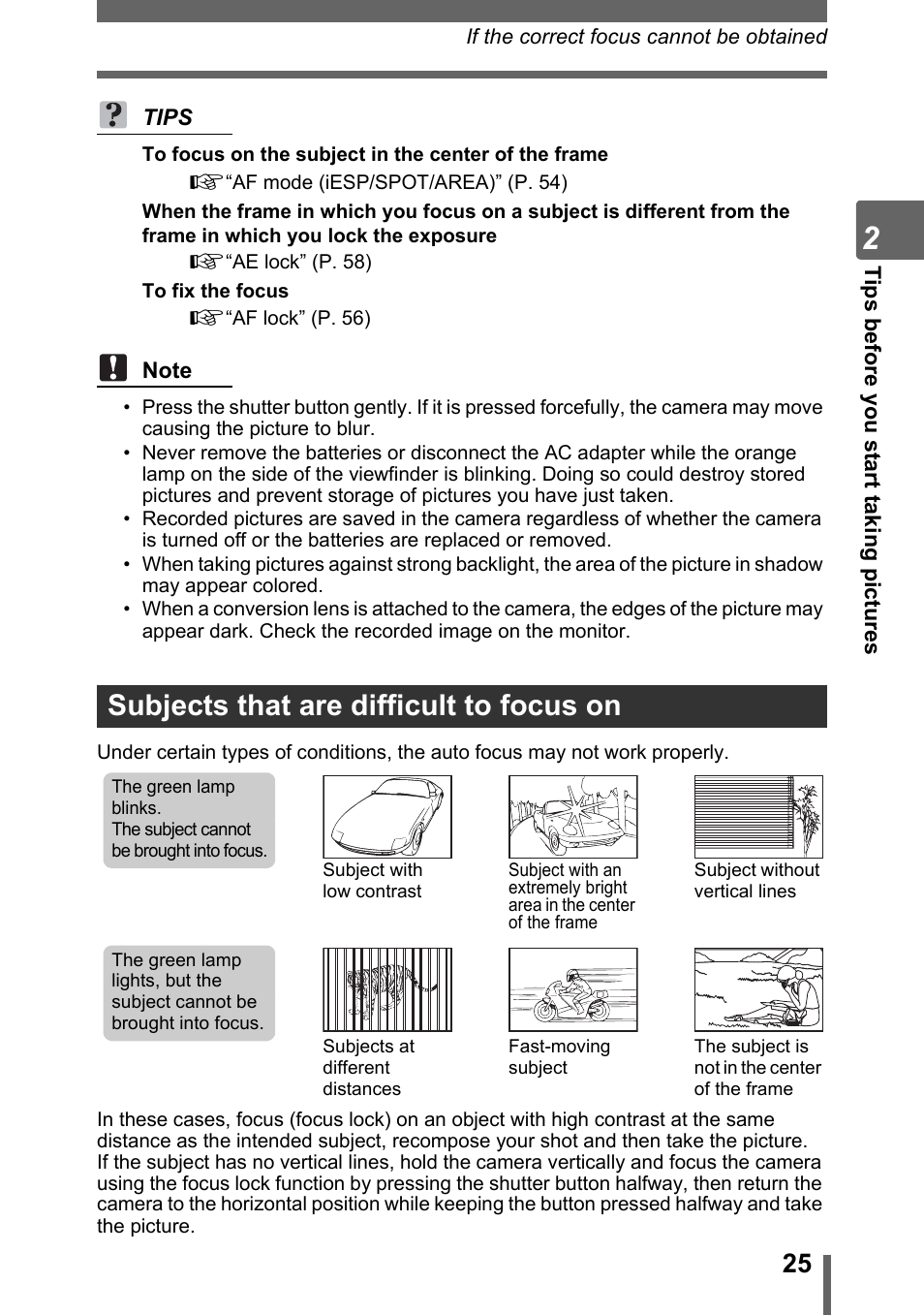 Subjects that are difficult to focus on | Olympus SP-320 User Manual | Page 25 / 191