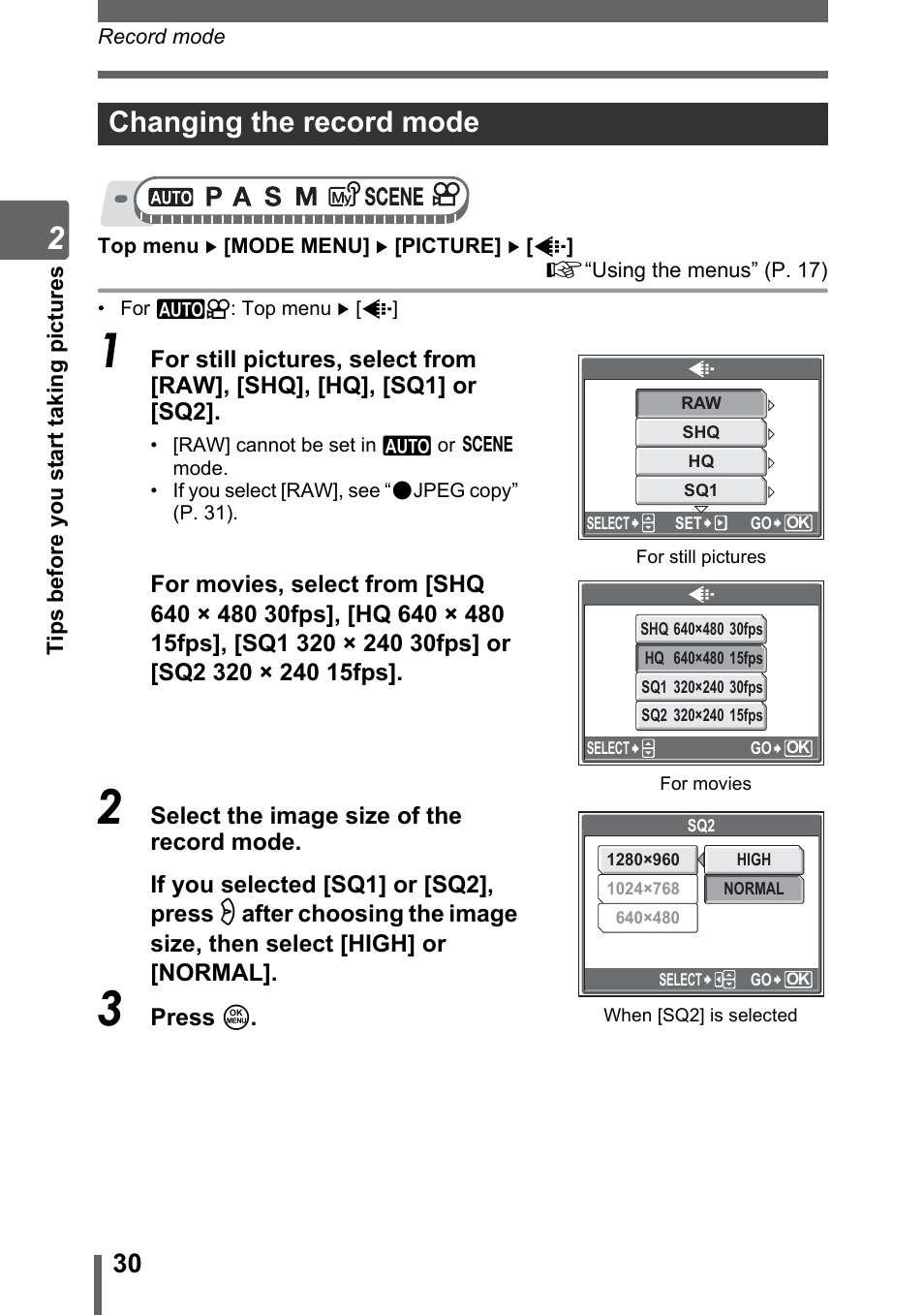 Changing the record mode | Olympus SP-320 User Manual | Page 30 / 191