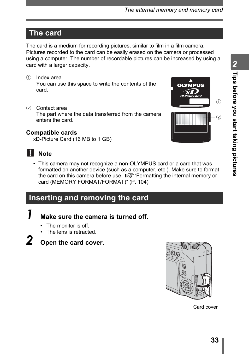 The card, Inserting and removing the card, The card inserting and removing the card | Olympus SP-320 User Manual | Page 33 / 191