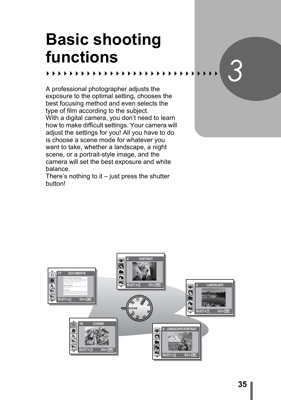 3 basic shooting functions, Basic shooting, Functions | P. 35, Basic shooting functions | Olympus SP-320 User Manual | Page 35 / 191