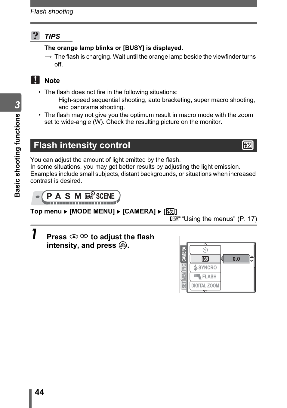 Flash intensity control | Olympus SP-320 User Manual | Page 44 / 191