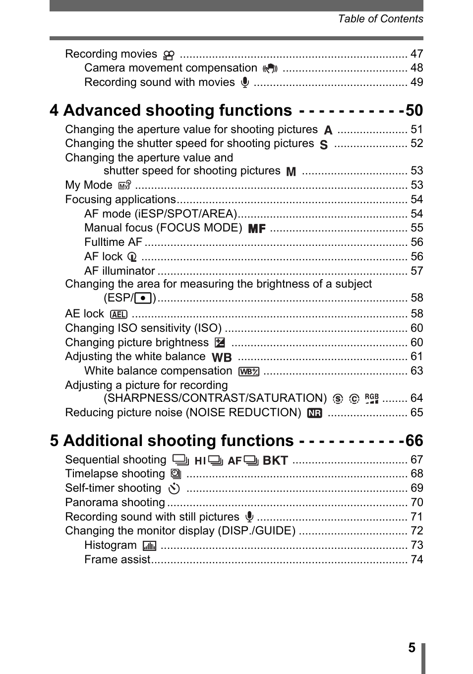 4 advanced shooting functions, 5 additional shooting functions | Olympus SP-320 User Manual | Page 5 / 191