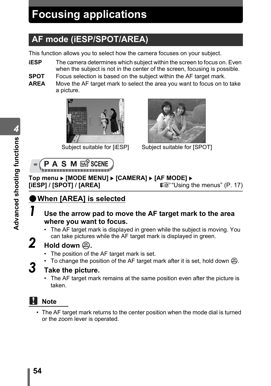 Focusing applications, Af mode (iesp/spot/area) | Olympus SP-320 User Manual | Page 54 / 191