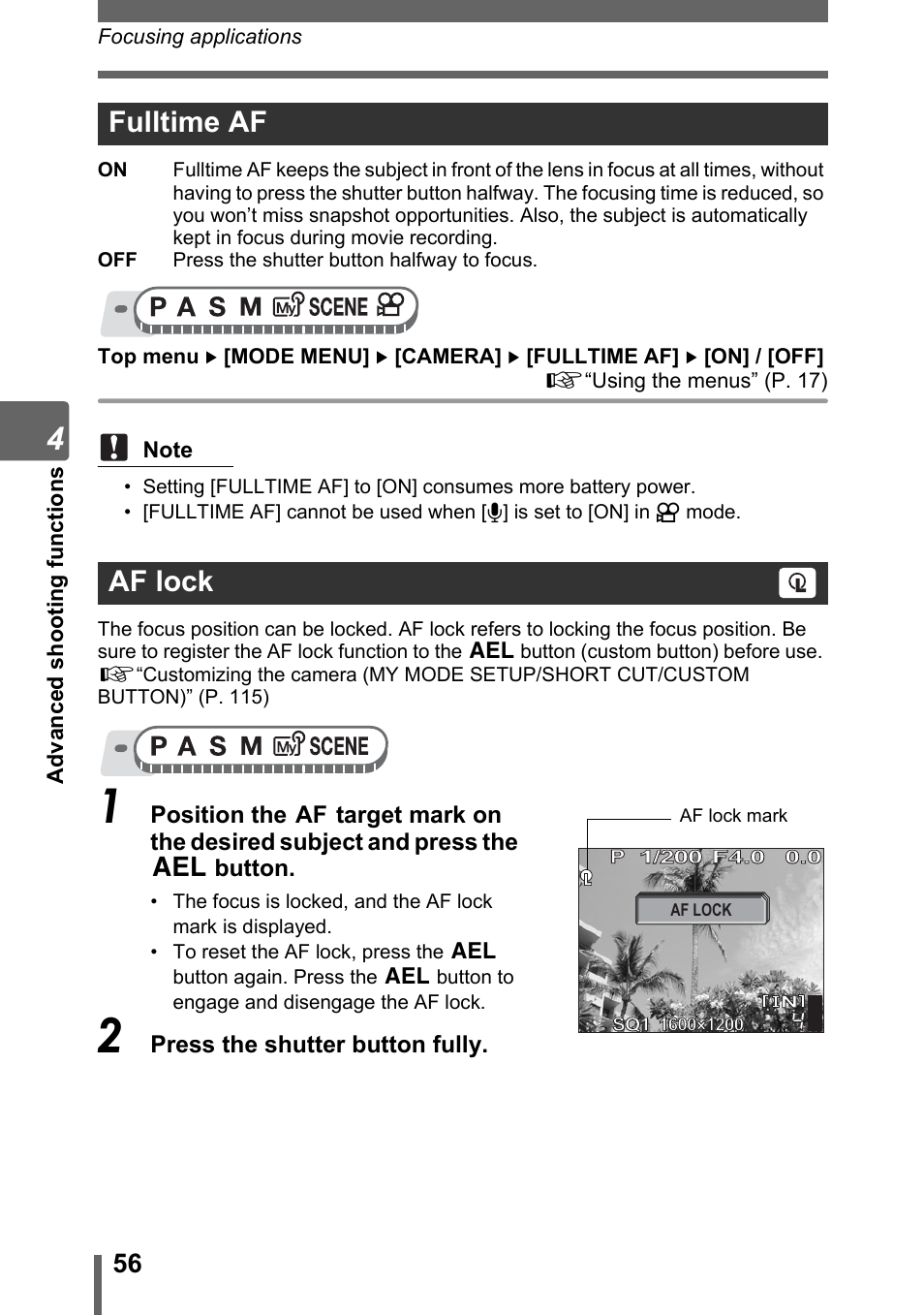 Fulltime af, Af lock, Fulltime af af lock | Olympus SP-320 User Manual | Page 56 / 191