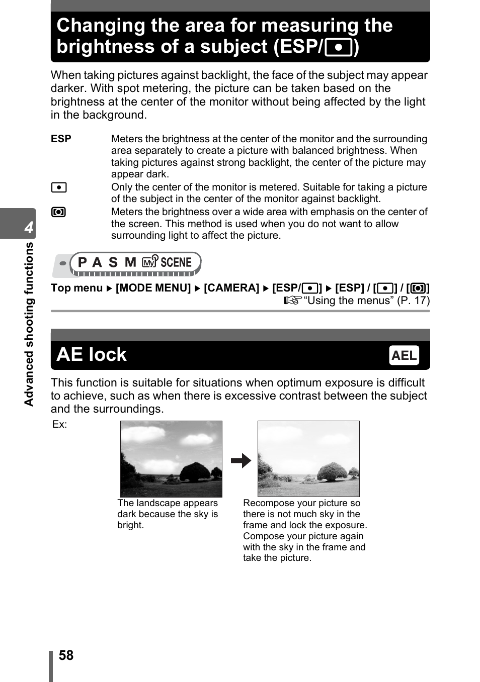 Ae lock, Esp/n), Gp. 58, p | Olympus SP-320 User Manual | Page 58 / 191