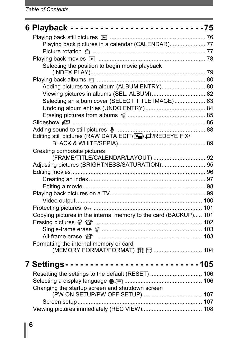 6 playback, 7 settings | Olympus SP-320 User Manual | Page 6 / 191