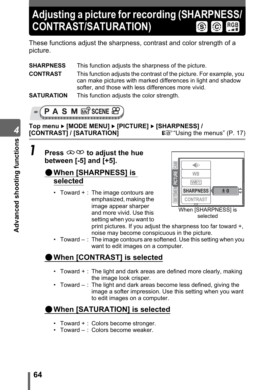Adjusting a picture for recording, Sharpness/contrast/saturation) | Olympus SP-320 User Manual | Page 64 / 191