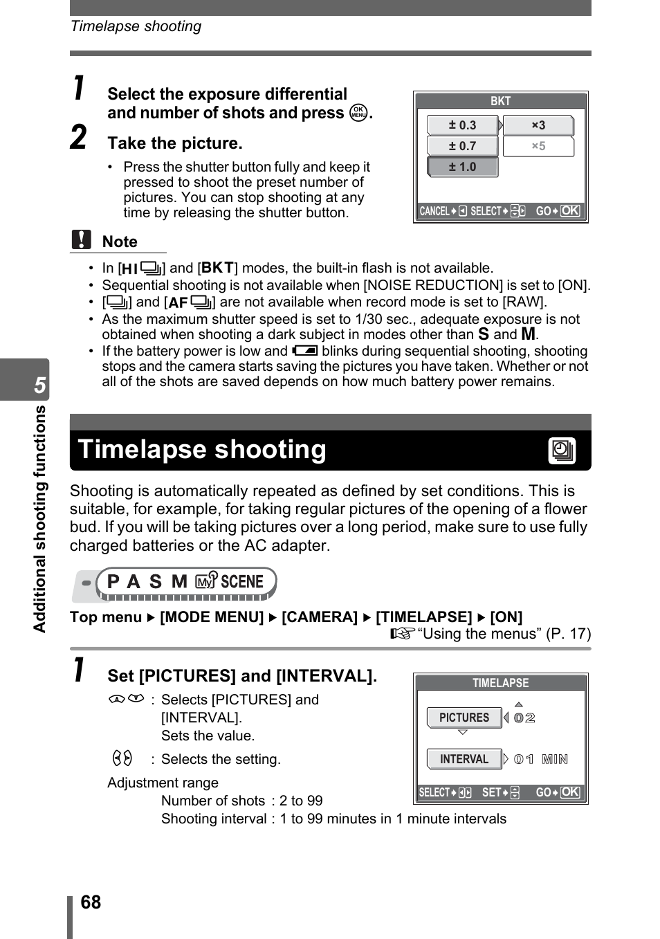 Timelapse shooting | Olympus SP-320 User Manual | Page 68 / 191
