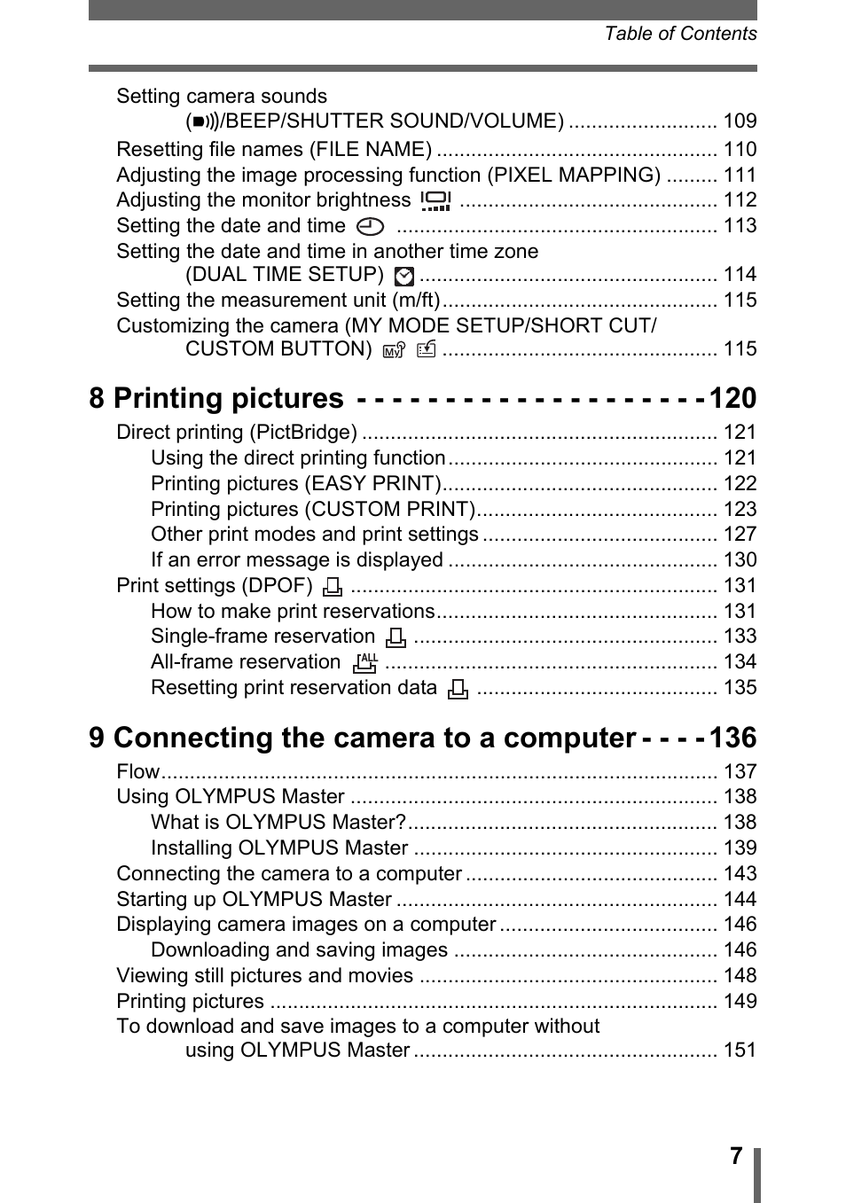 8 printing pictures, 9 connecting the camera to a computer | Olympus SP-320 User Manual | Page 7 / 191