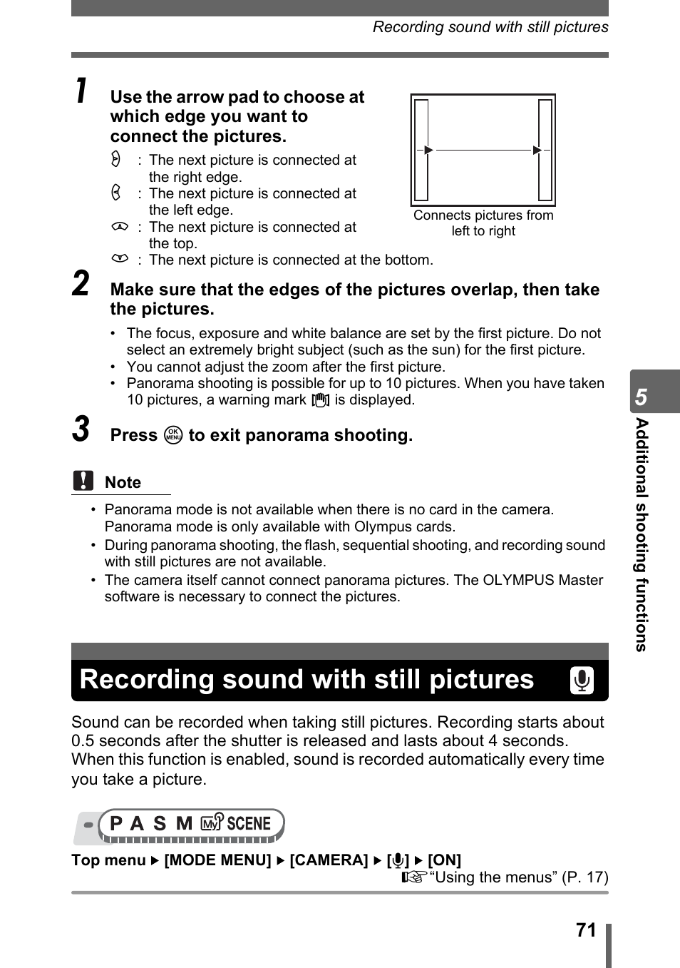 Recording sound with still pictures | Olympus SP-320 User Manual | Page 71 / 191