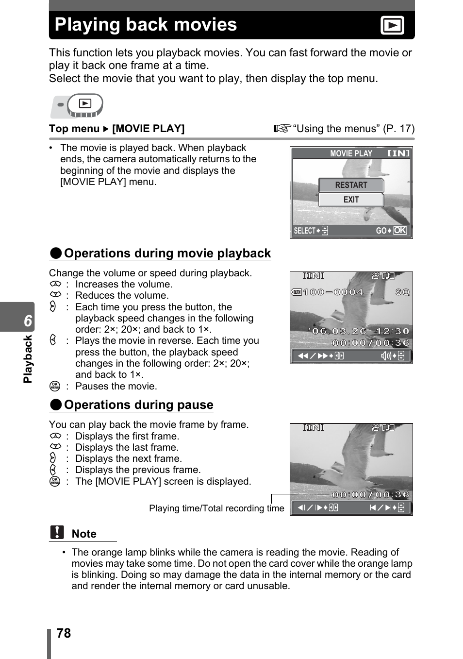 Playing back movies, P. 78, Operations during movie playback | Operations during pause | Olympus SP-320 User Manual | Page 78 / 191