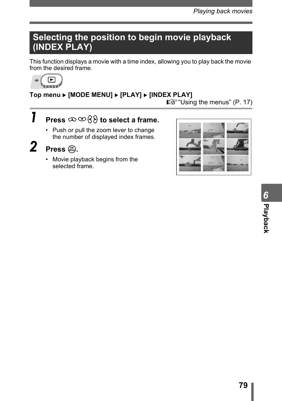 Selecting the position to begin movie playback, Index play) | Olympus SP-320 User Manual | Page 79 / 191