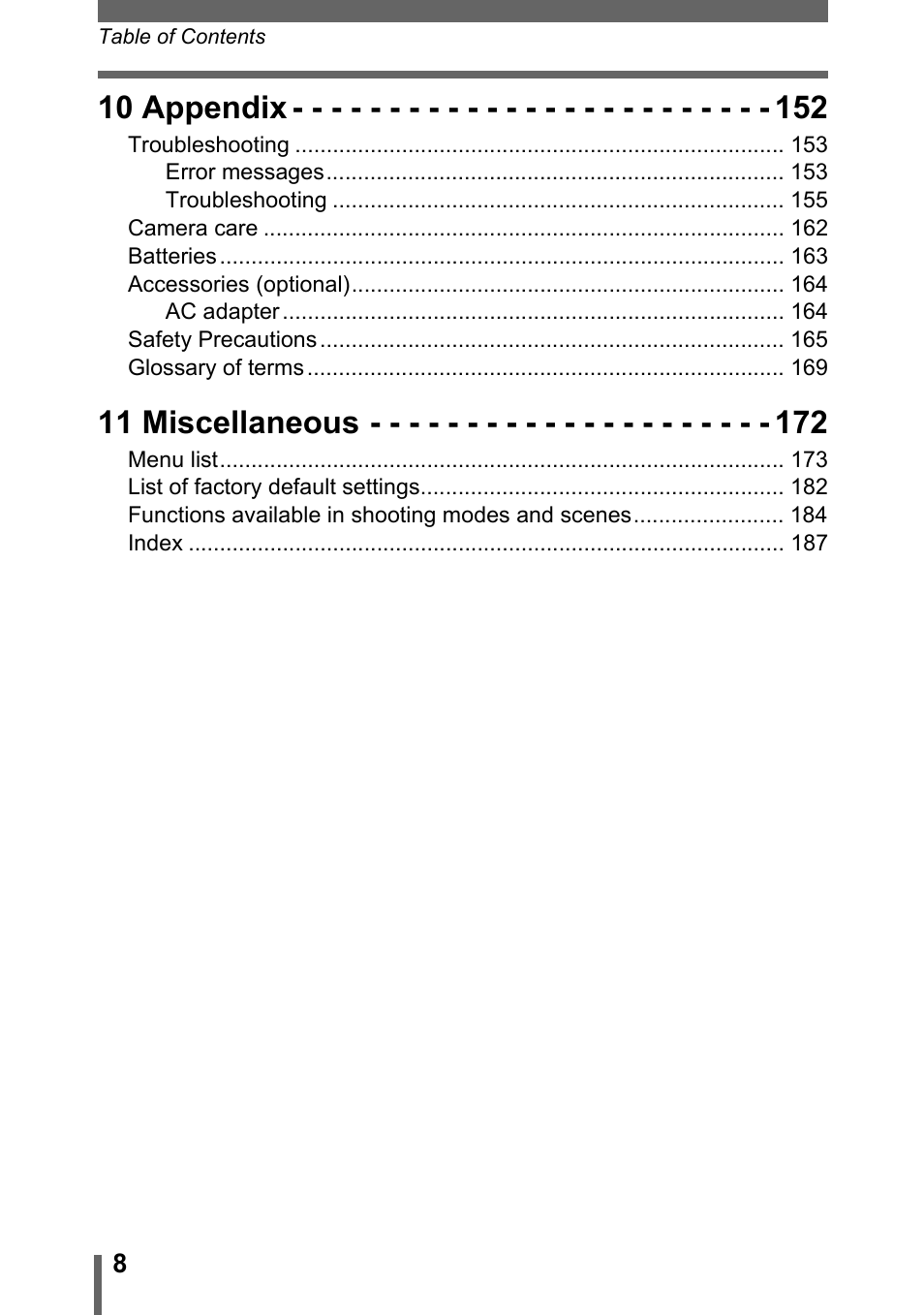 10 appendix, 11 miscellaneous | Olympus SP-320 User Manual | Page 8 / 191