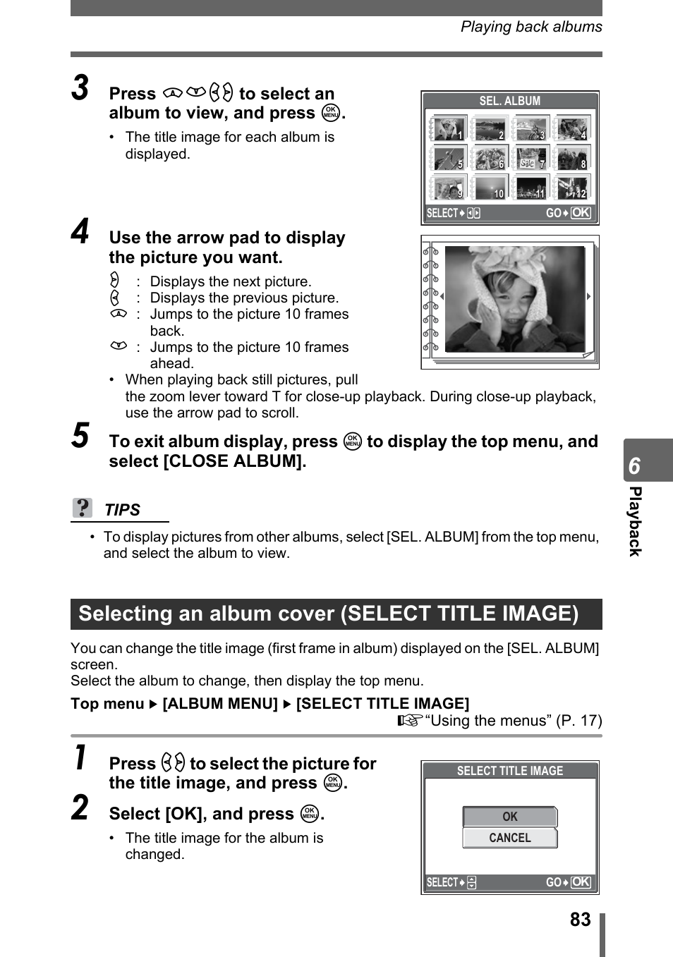 Selecting an album cover (select title image), Gp. 83, P. 83 | Olympus SP-320 User Manual | Page 83 / 191