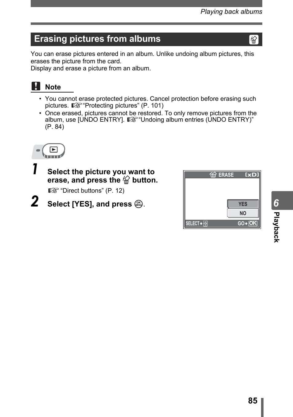 Erasing pictures from albums, Gp. 85 | Olympus SP-320 User Manual | Page 85 / 191