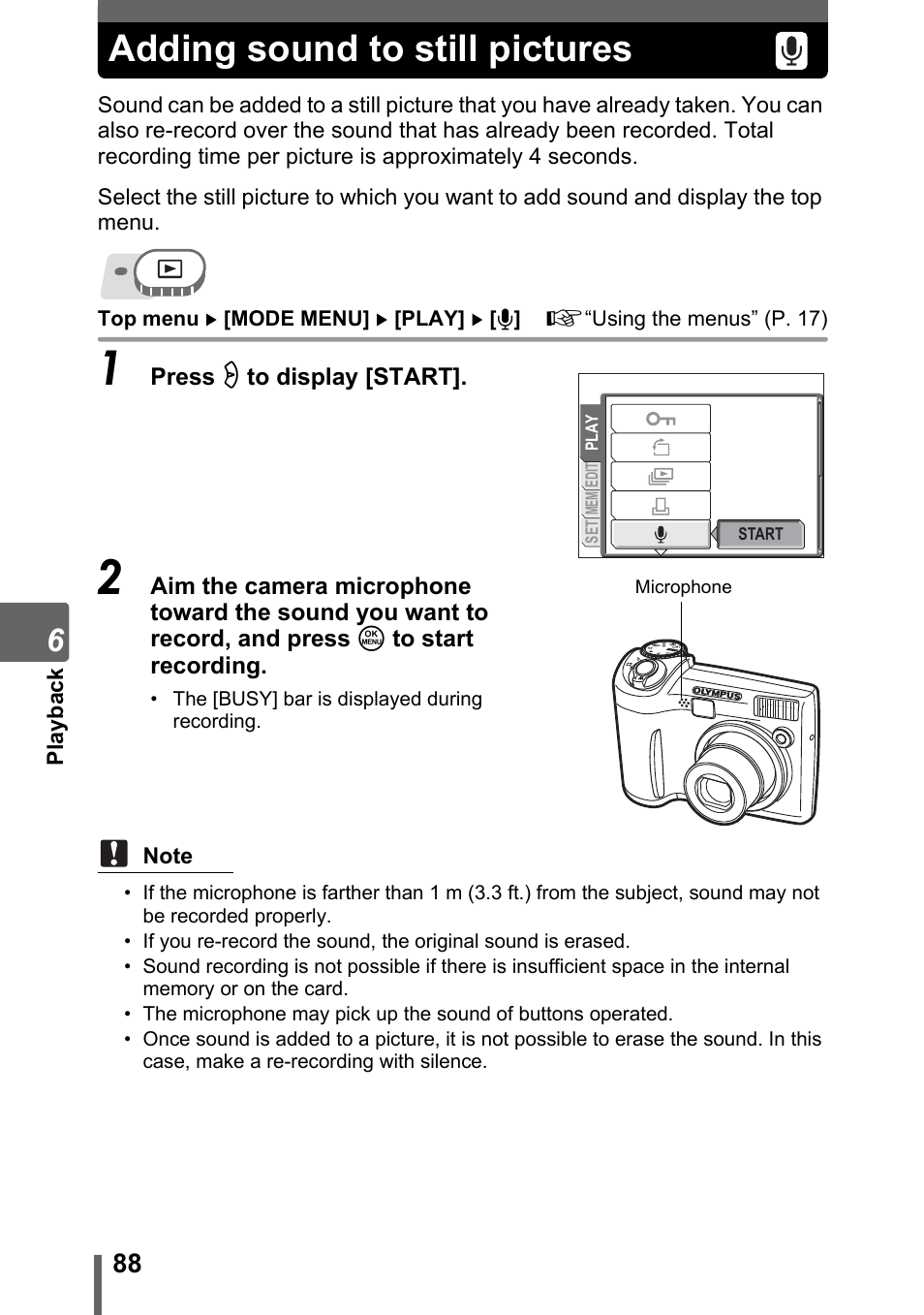 Adding sound to still pictures | Olympus SP-320 User Manual | Page 88 / 191