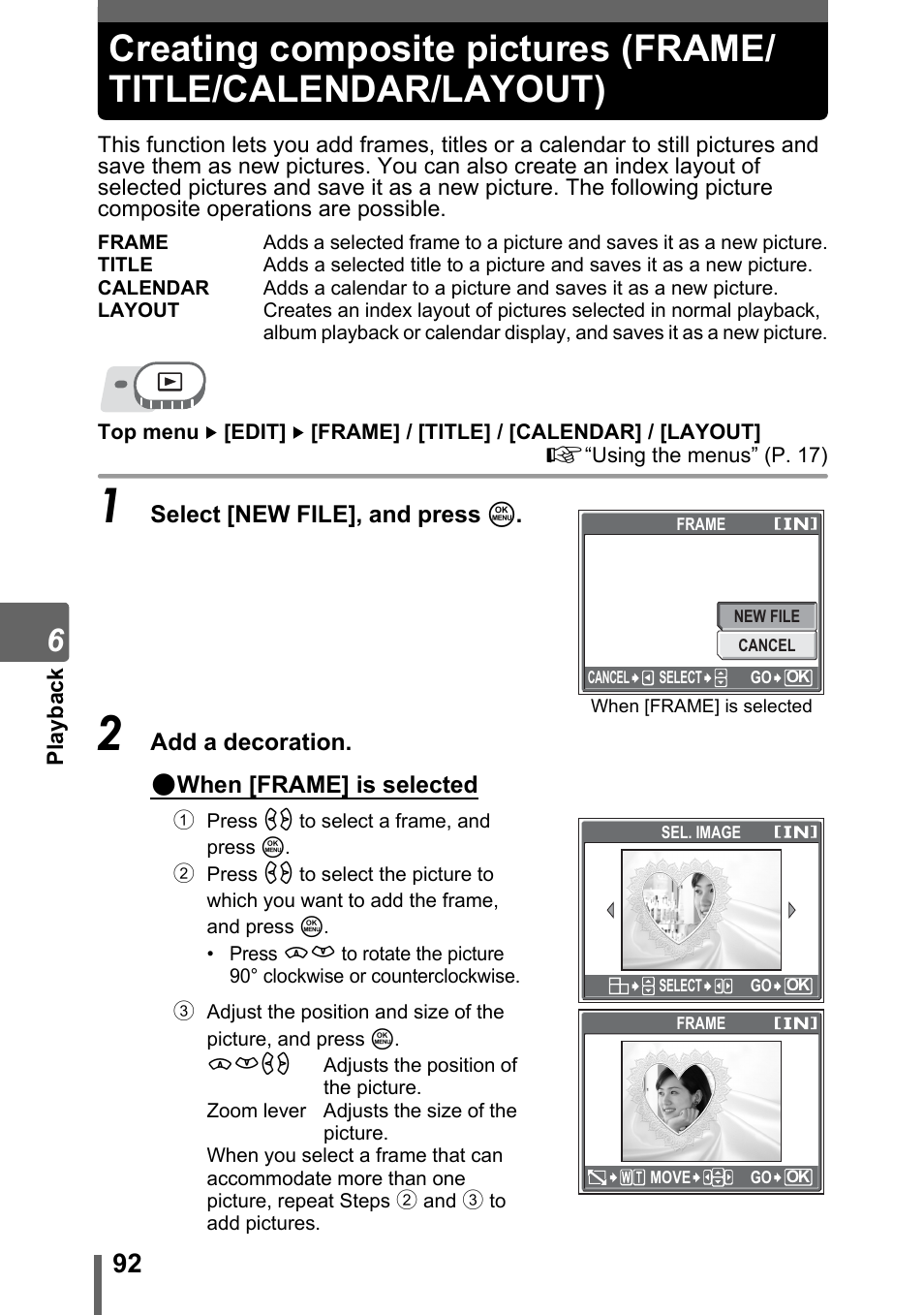 Creating composite pictures, Frame/title/calendar/layout) | Olympus SP-320 User Manual | Page 92 / 191
