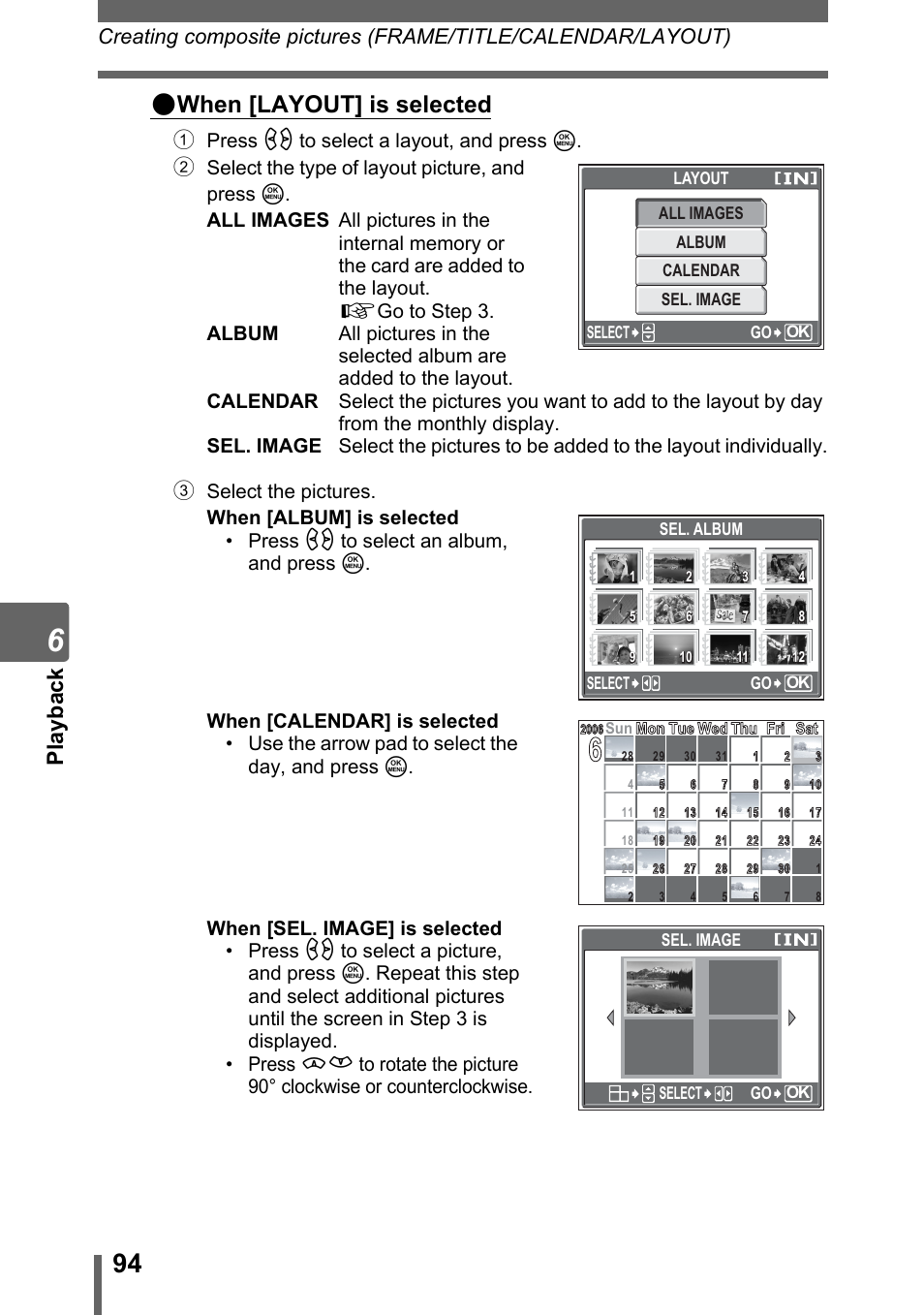 When [layout] is selected, Pl ayba c k | Olympus SP-320 User Manual | Page 94 / 191