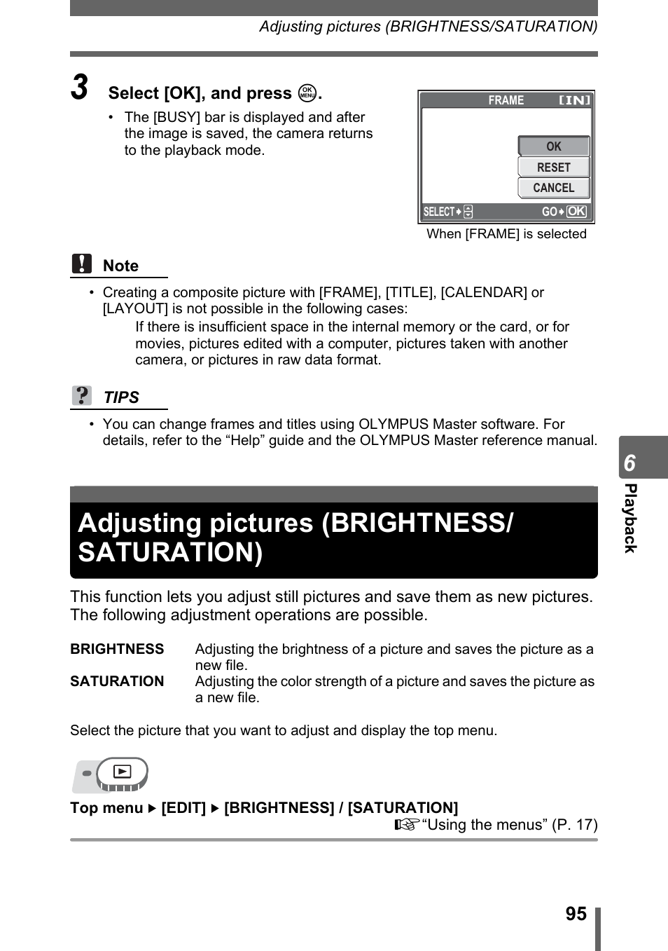 Adjusting pictures (brightness/ saturation), Adjusting pictures (brightness/saturation) | Olympus SP-320 User Manual | Page 95 / 191
