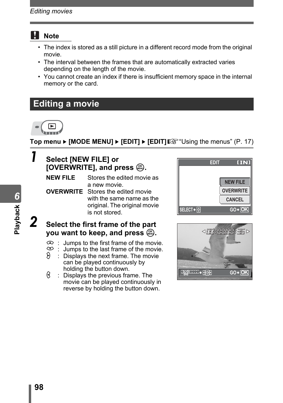 Editing a movie | Olympus SP-320 User Manual | Page 98 / 191