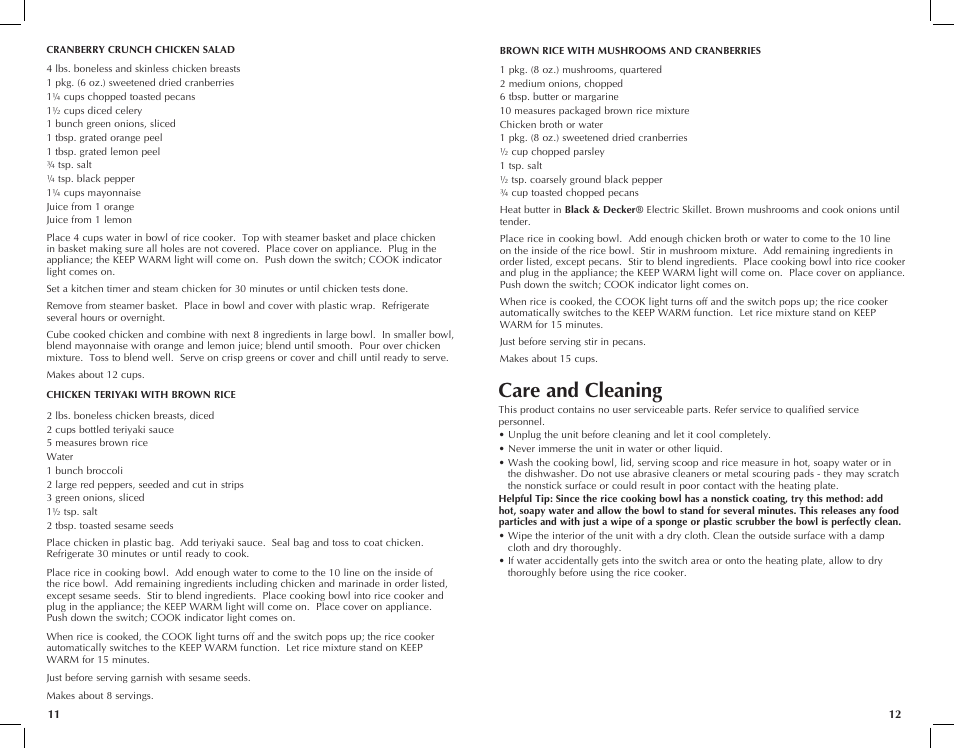 Care and cleaning | Applica RC6438 User Manual | Page 7 / 25