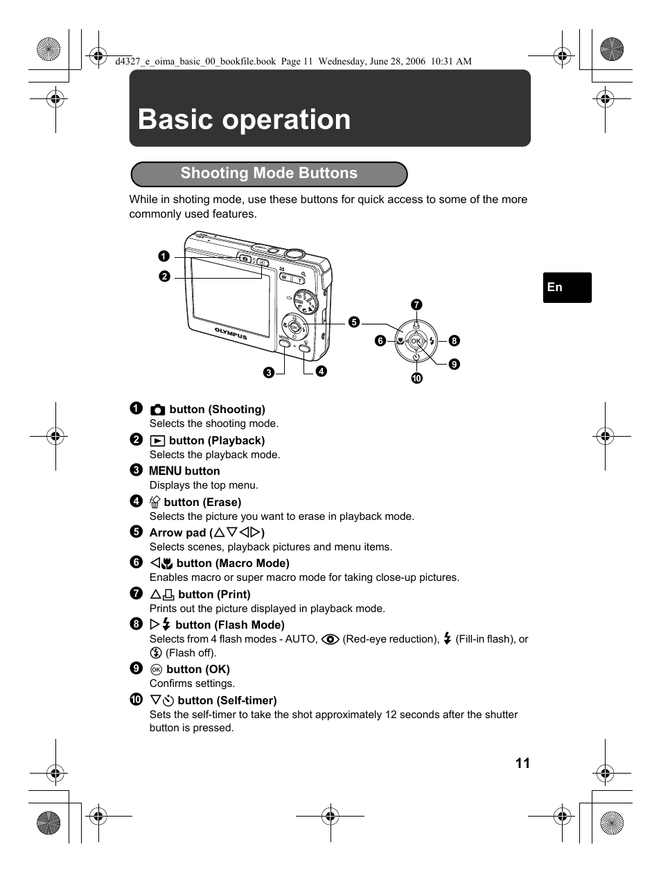 Basic operation, Shooting mode buttons | Olympus FE-190 User Manual | Page 11 / 100