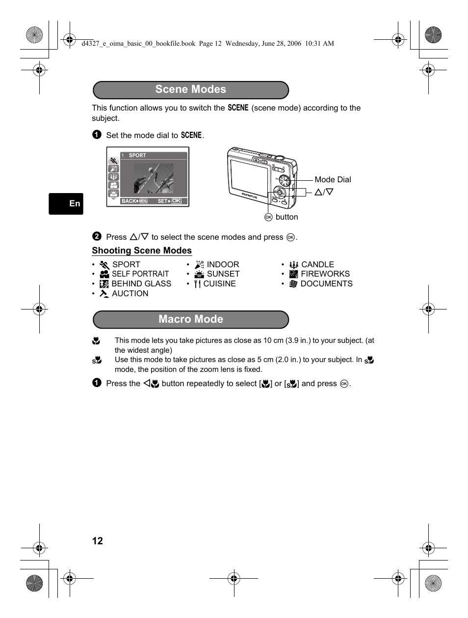 Scene modes, Macro mode | Olympus FE-190 User Manual | Page 12 / 100