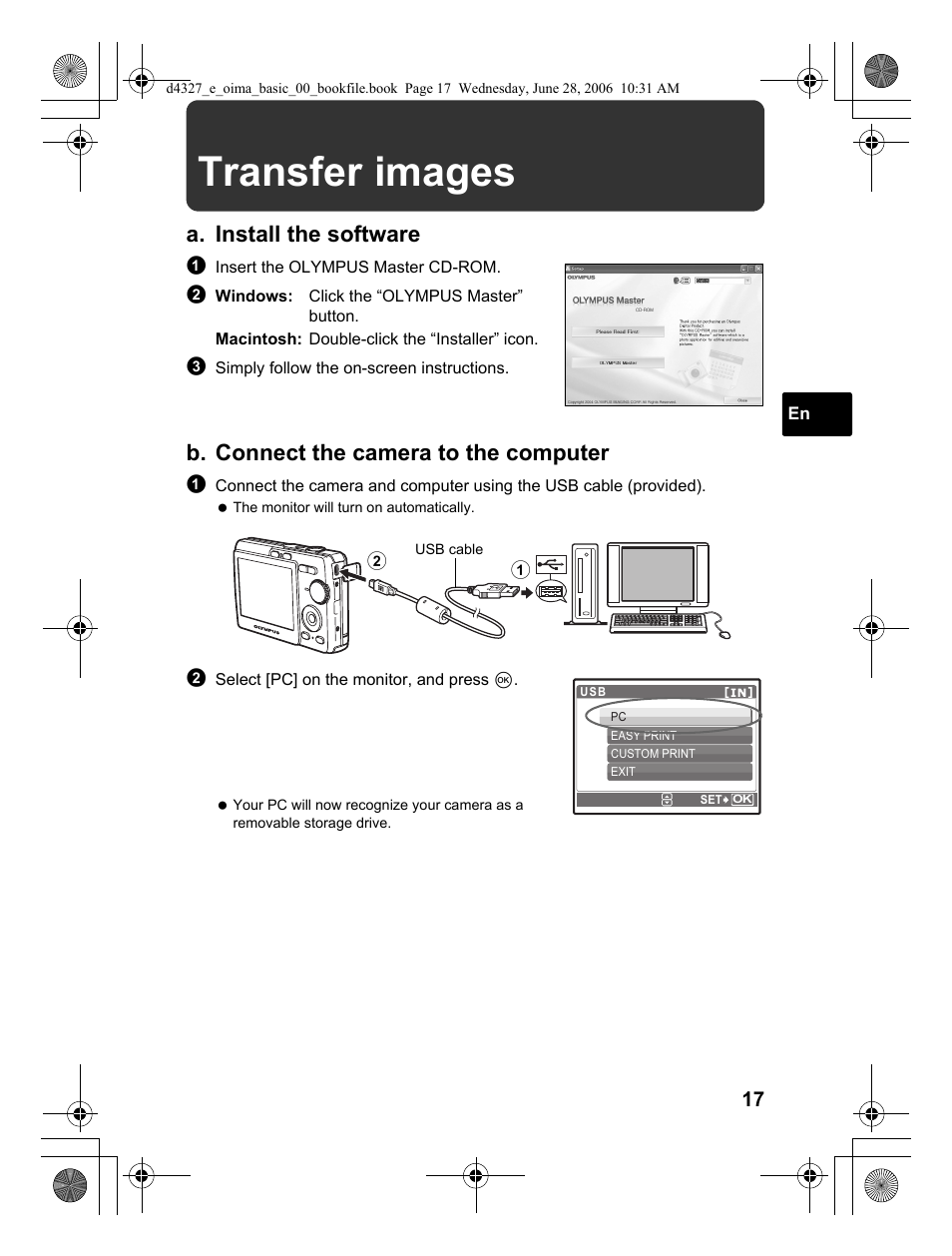 Transfer images, A. install the software, B. connect the camera to the computer | Olympus FE-190 User Manual | Page 17 / 100