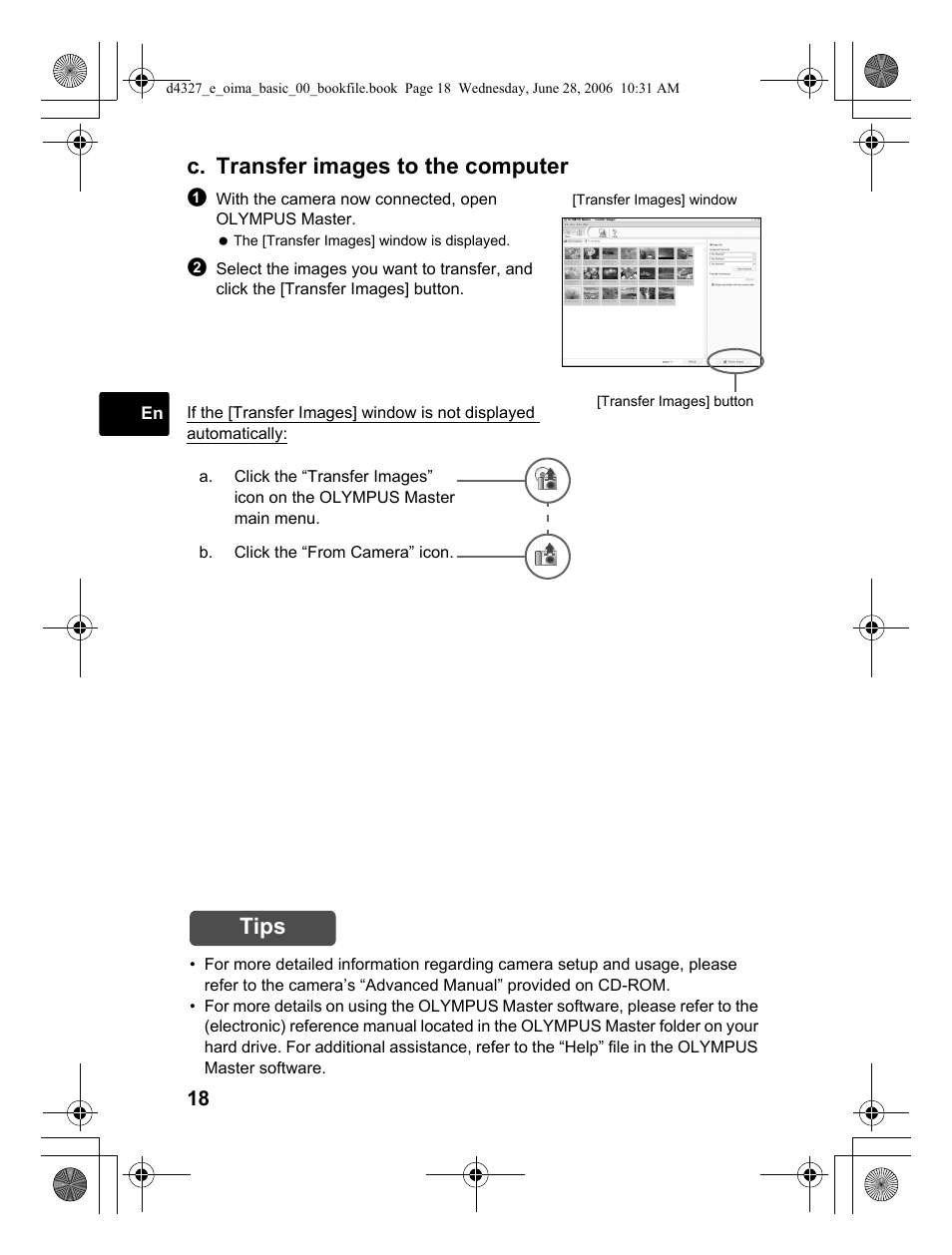 C. transfer images to the computer, Tips | Olympus FE-190 User Manual | Page 18 / 100