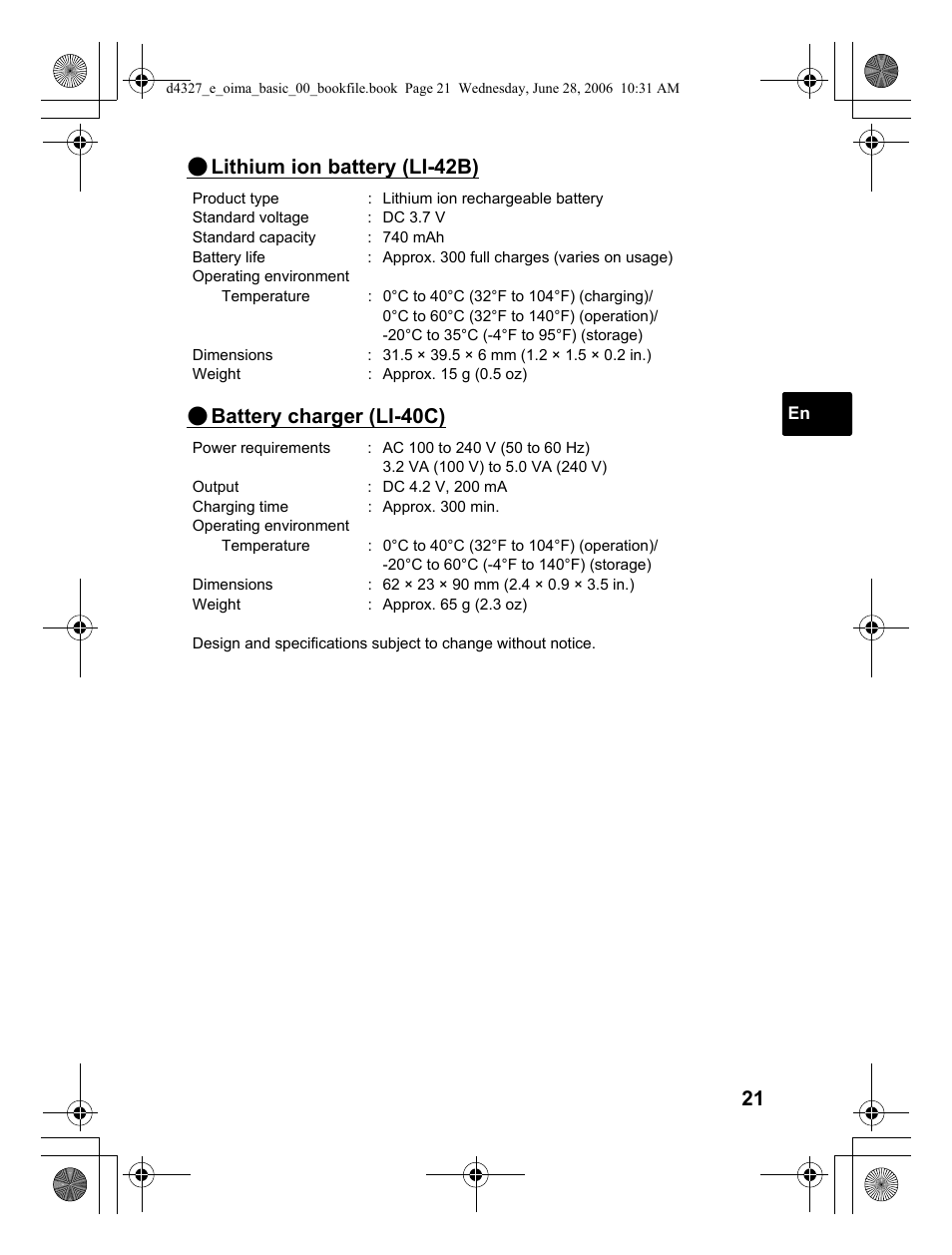 Lithium ion battery (li-42b), Battery charger (li-40c) | Olympus FE-190 User Manual | Page 21 / 100