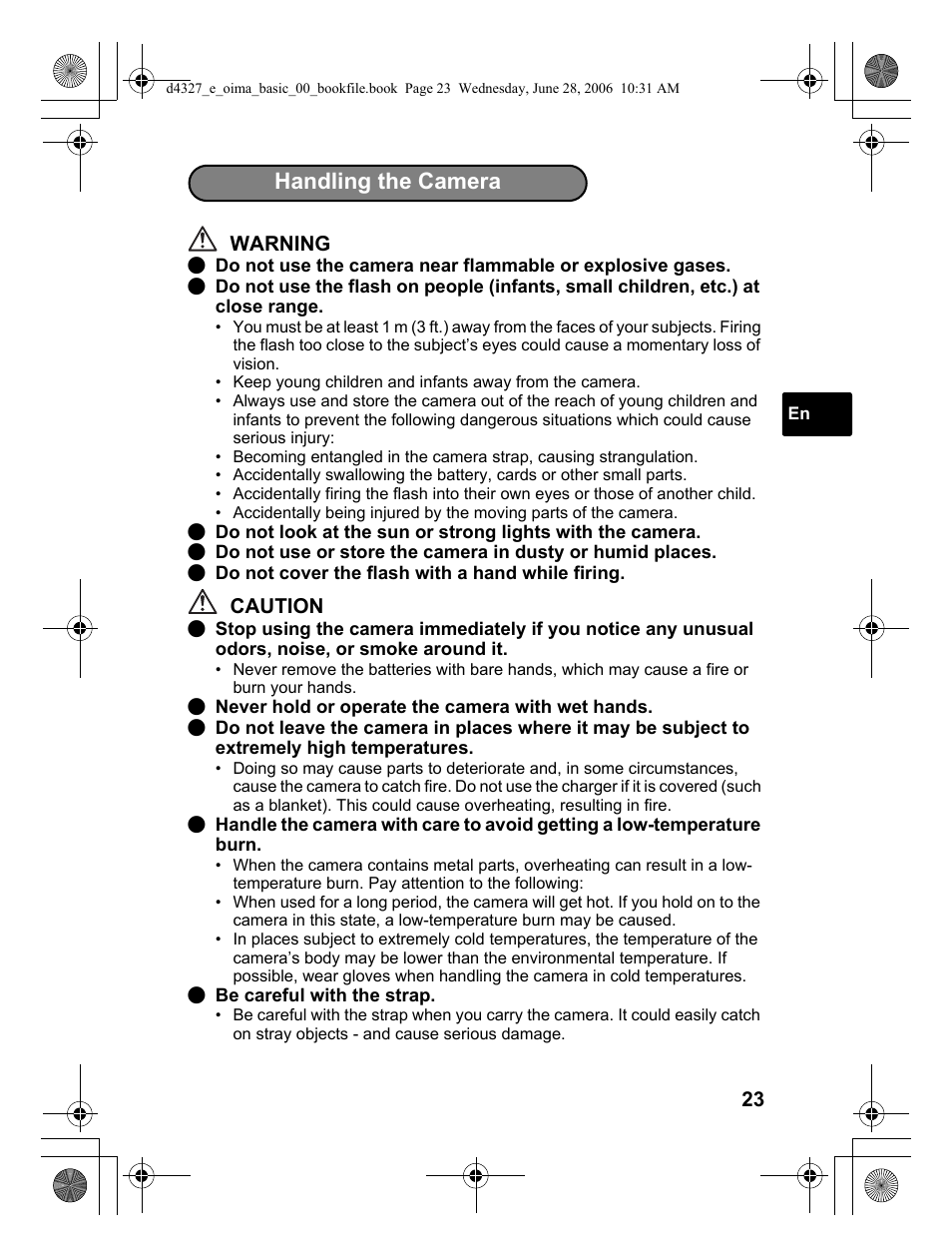 Handling the camera | Olympus FE-190 User Manual | Page 23 / 100