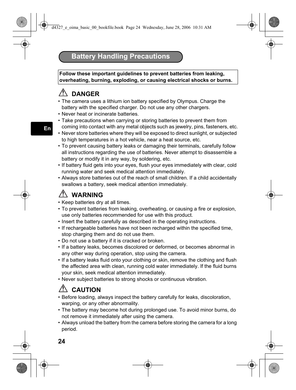 Battery handling precautions | Olympus FE-190 User Manual | Page 24 / 100