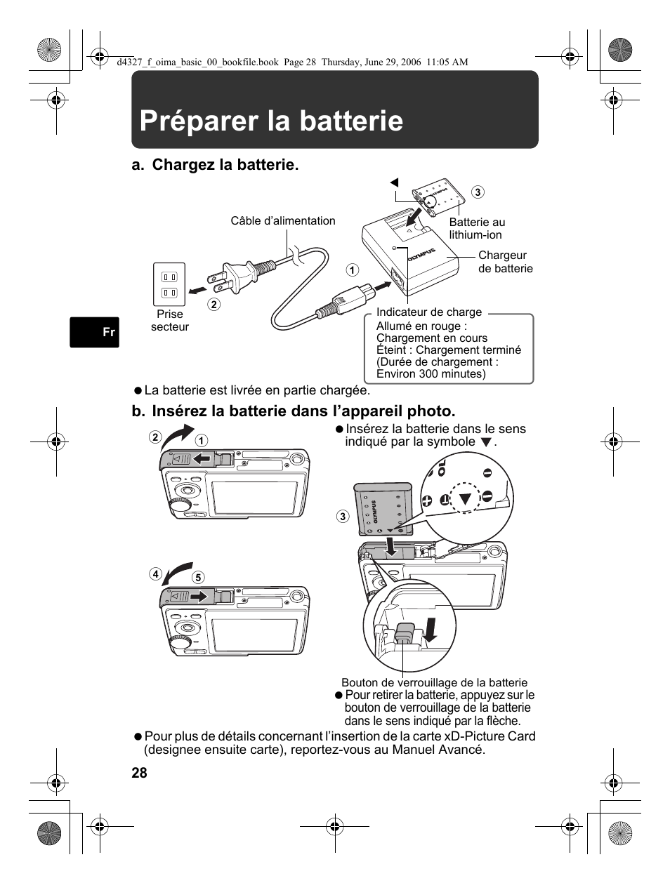 Préparer la batterie, A. chargez la batterie, B. insérez la batterie dans l’appareil photo | Olympus FE-190 User Manual | Page 28 / 100