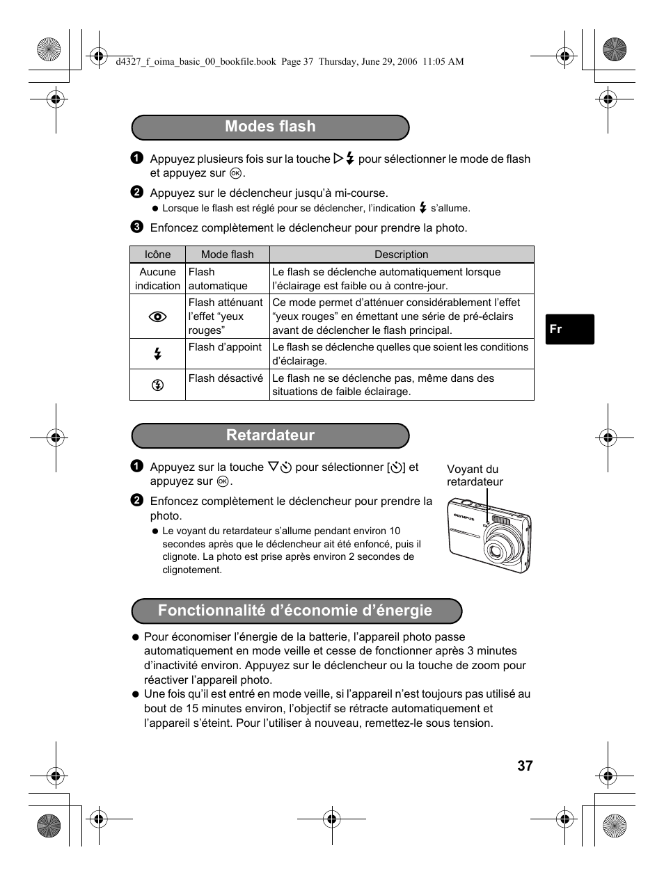 Modes flash retardateur, Fonctionnalité d’économie d’énergie | Olympus FE-190 User Manual | Page 37 / 100