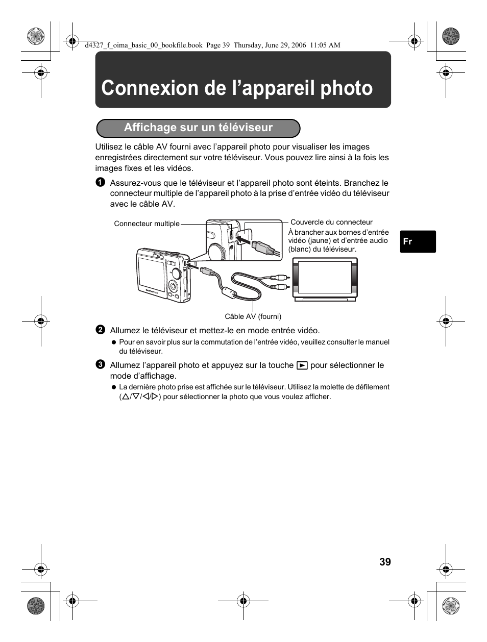 Connexion de l’appareil photo, Affichage sur un téléviseur | Olympus FE-190 User Manual | Page 39 / 100