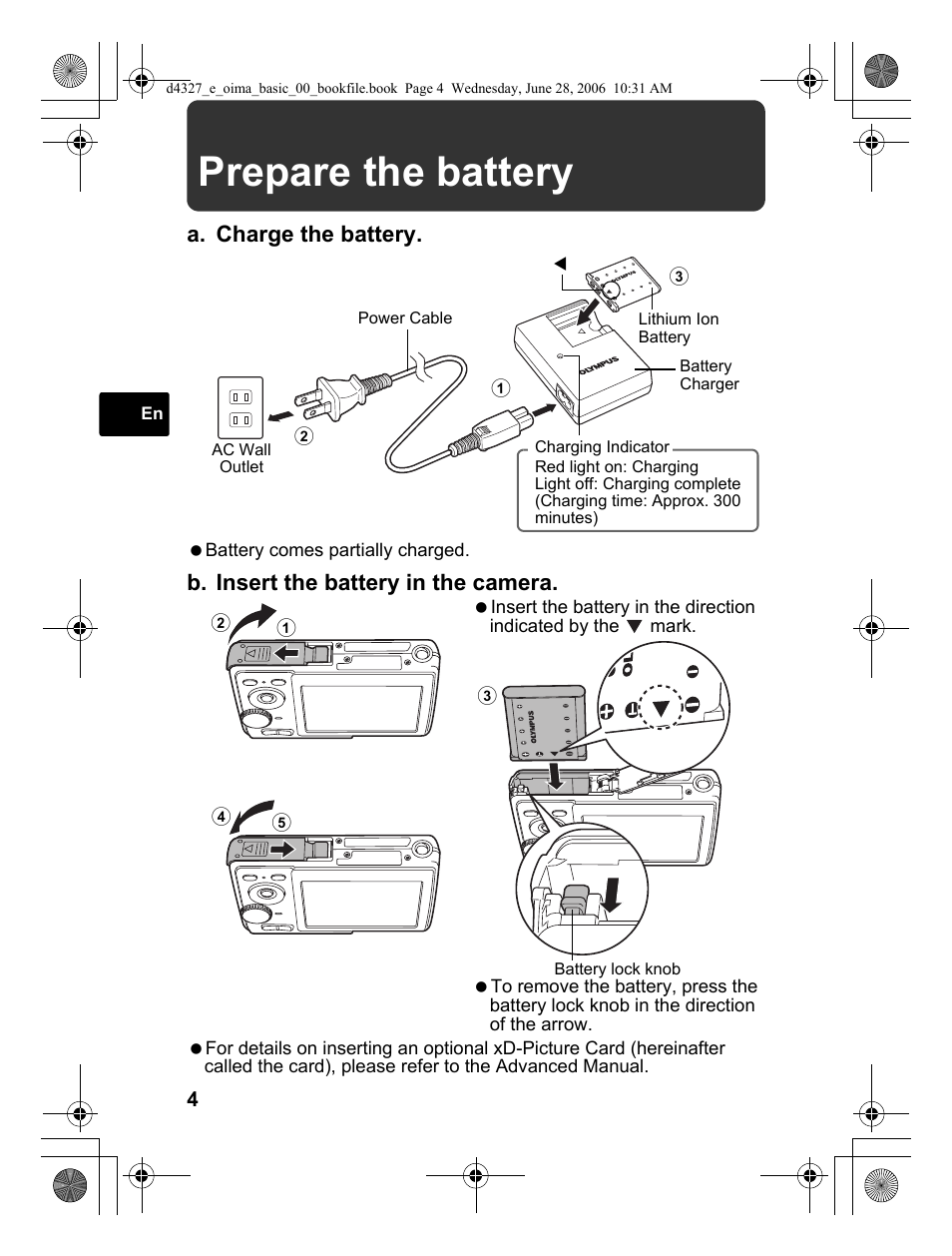 Prepare the battery, A. charge the battery, B. insert the battery in the camera | Olympus FE-190 User Manual | Page 4 / 100