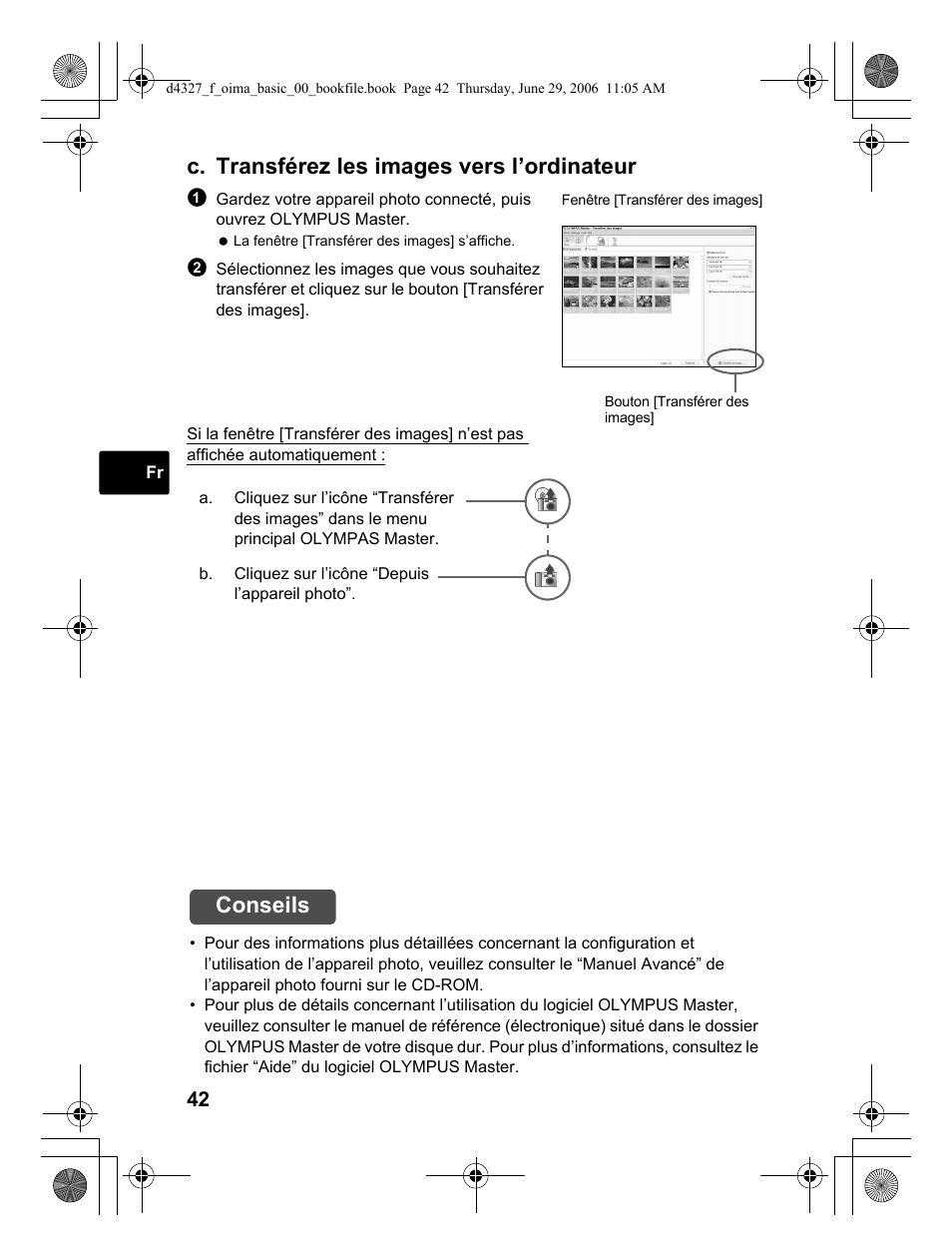 C. transférez les images vers l’ordinateur, Conseils | Olympus FE-190 User Manual | Page 42 / 100
