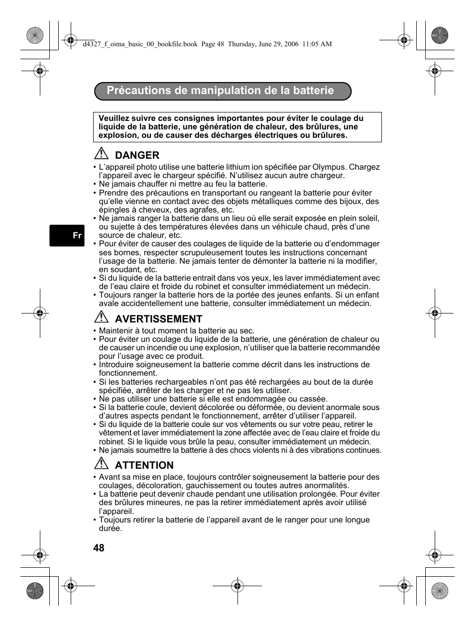 Précautions de manipulation de la batterie, Danger, Avertissement | Attention | Olympus FE-190 User Manual | Page 48 / 100