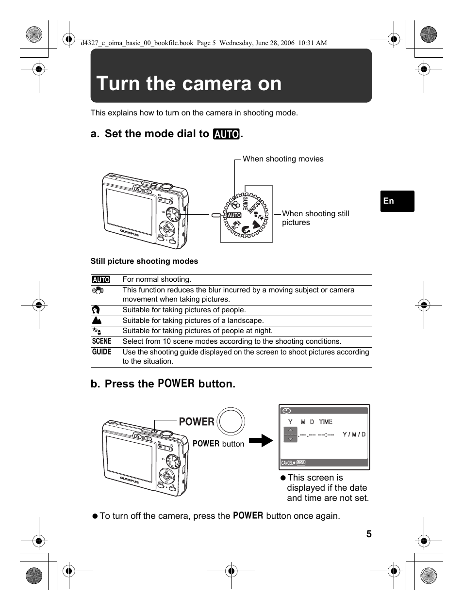 Turn the camera on, A. set the mode dial to h, B. press the o button | Olympus FE-190 User Manual | Page 5 / 100