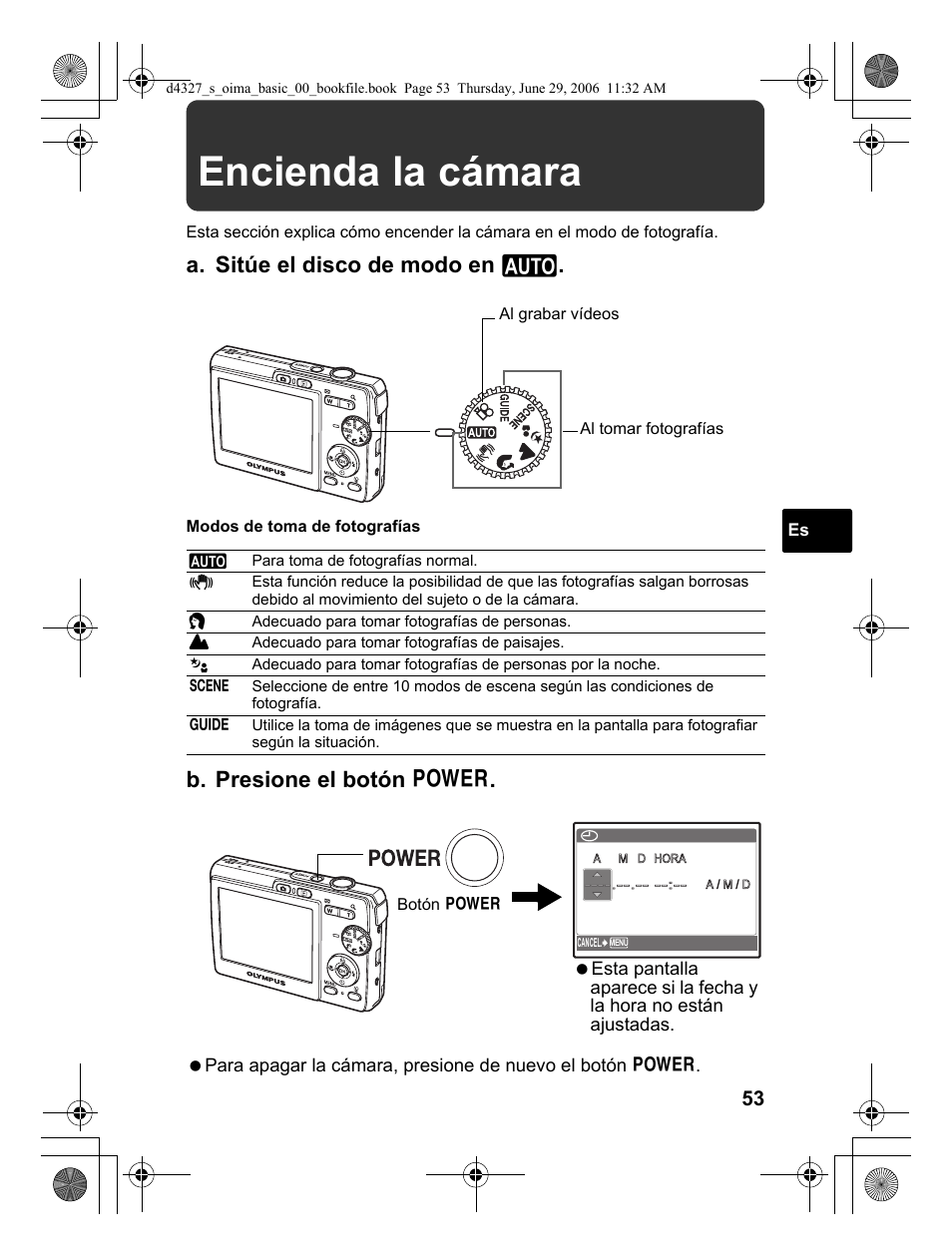 Encienda la cámara, A. sitúe el disco de modo en h, B. presione el botón o | Olympus FE-190 User Manual | Page 53 / 100