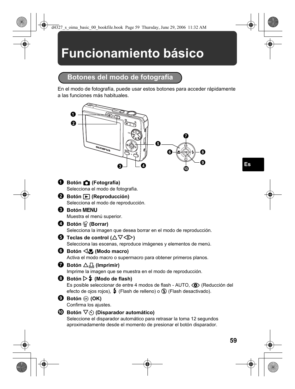 Funcionamiento básico, Botones del modo de fotografía | Olympus FE-190 User Manual | Page 59 / 100