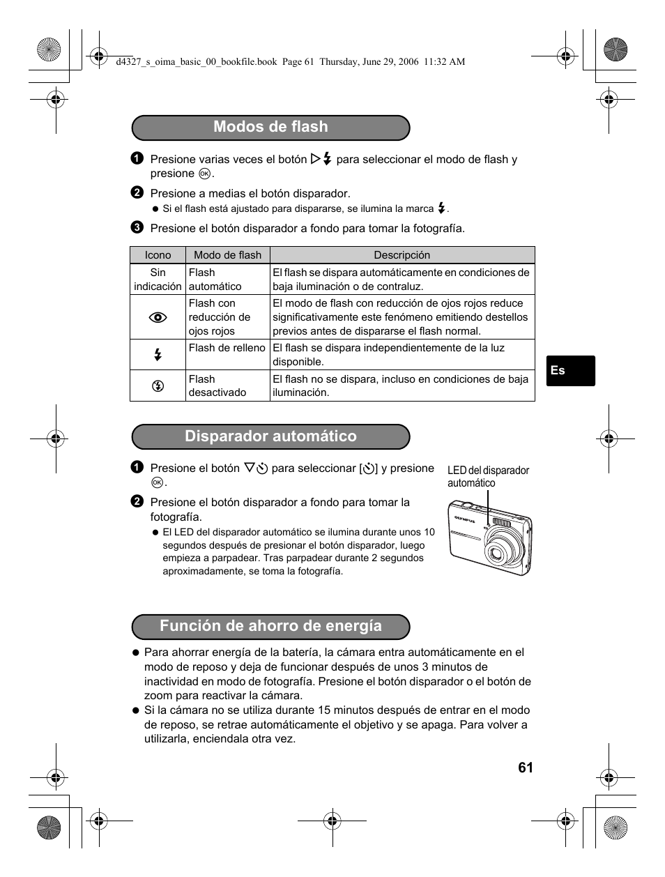 Modos de flash disparador automático, Función de ahorro de energía | Olympus FE-190 User Manual | Page 61 / 100